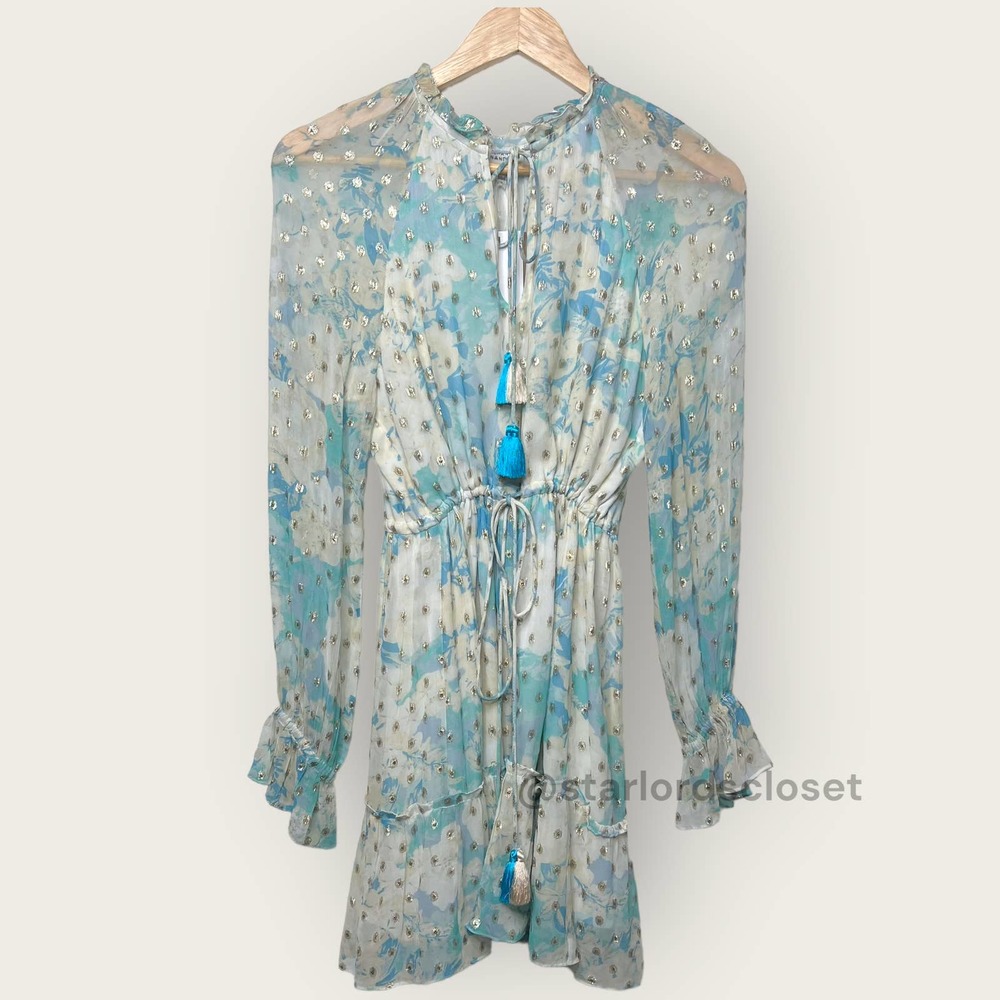 Hemant & Nandita Georgette Metallic Mini Dress | Small | Blue Gold Floral NWT